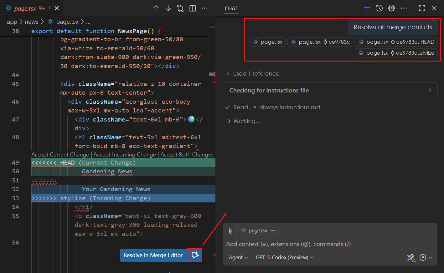 Screenshot of the AI merge conflict resolution button in the editor.