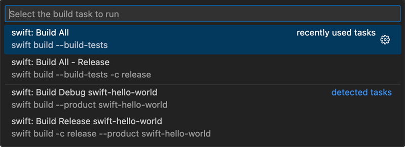 Run build task menu