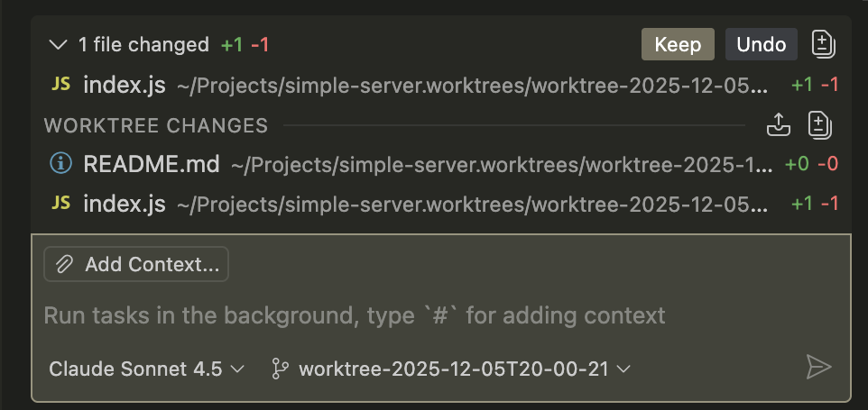 Screenshot of a background agent, showing the file changes that occurred in the worktree.