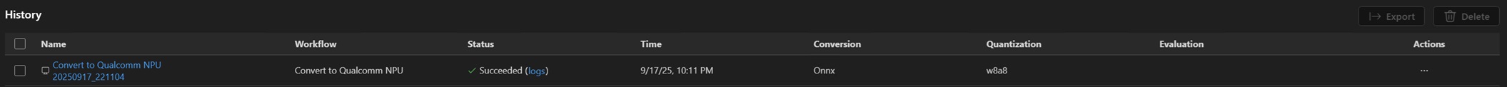 Screenshot that shows history, including name, time, parameters and so on.