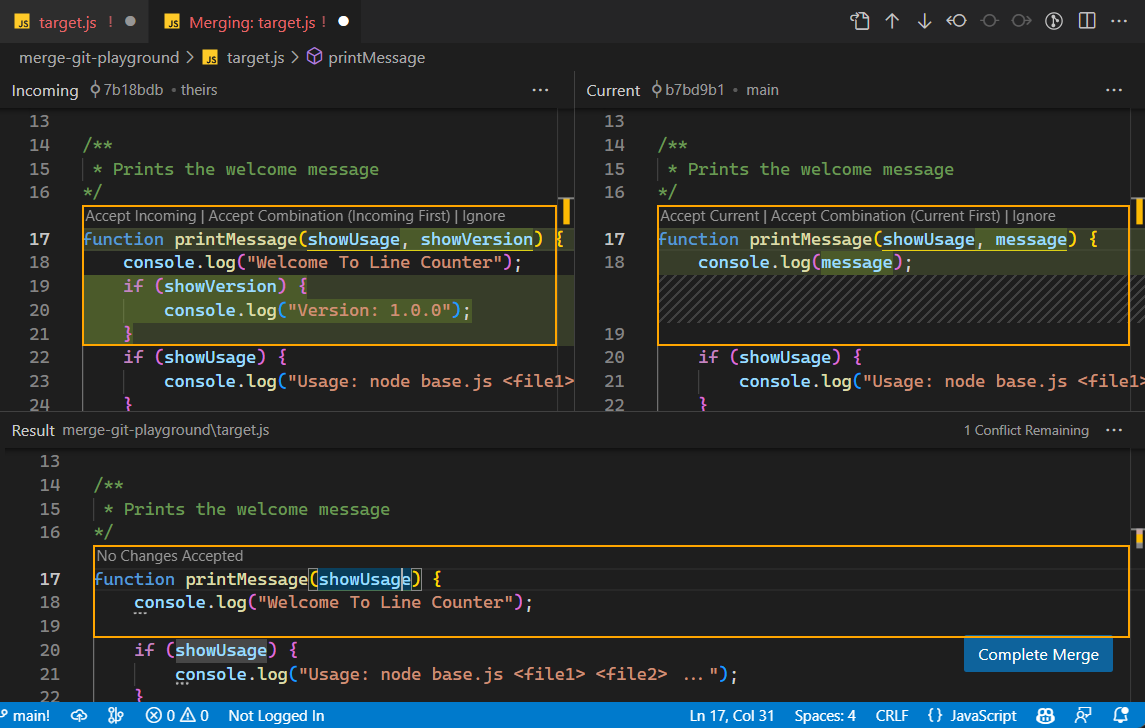 Screenshot of the 3-way merge editor.