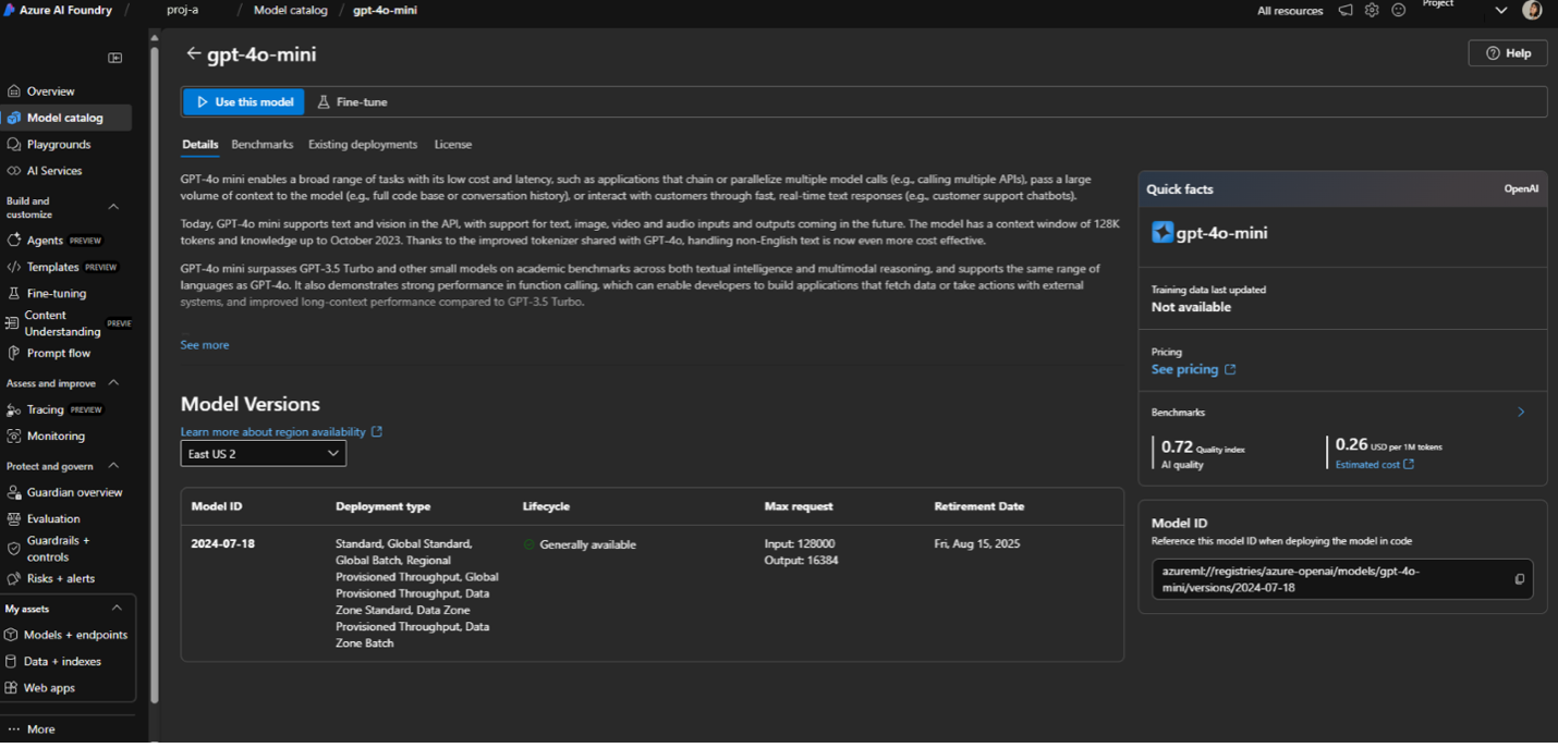 Screenshot that shows Microsoft Foundry Portal Model