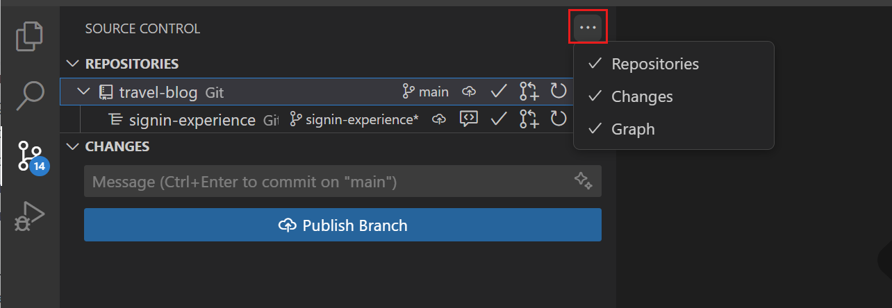 Screenshot showing the Source Control Repositories view with multiple repositories listed.